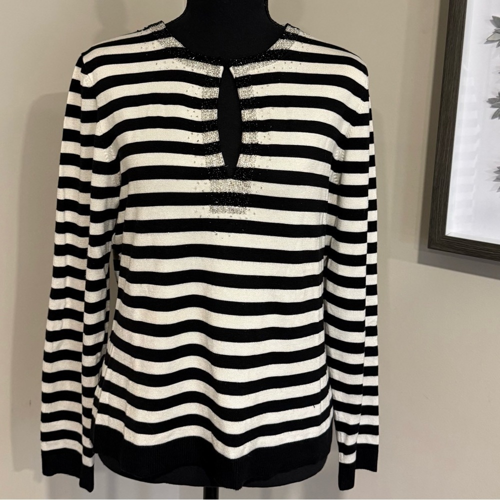 Talbots Silk Black and Cream Striped Long Sleeve Knit Top